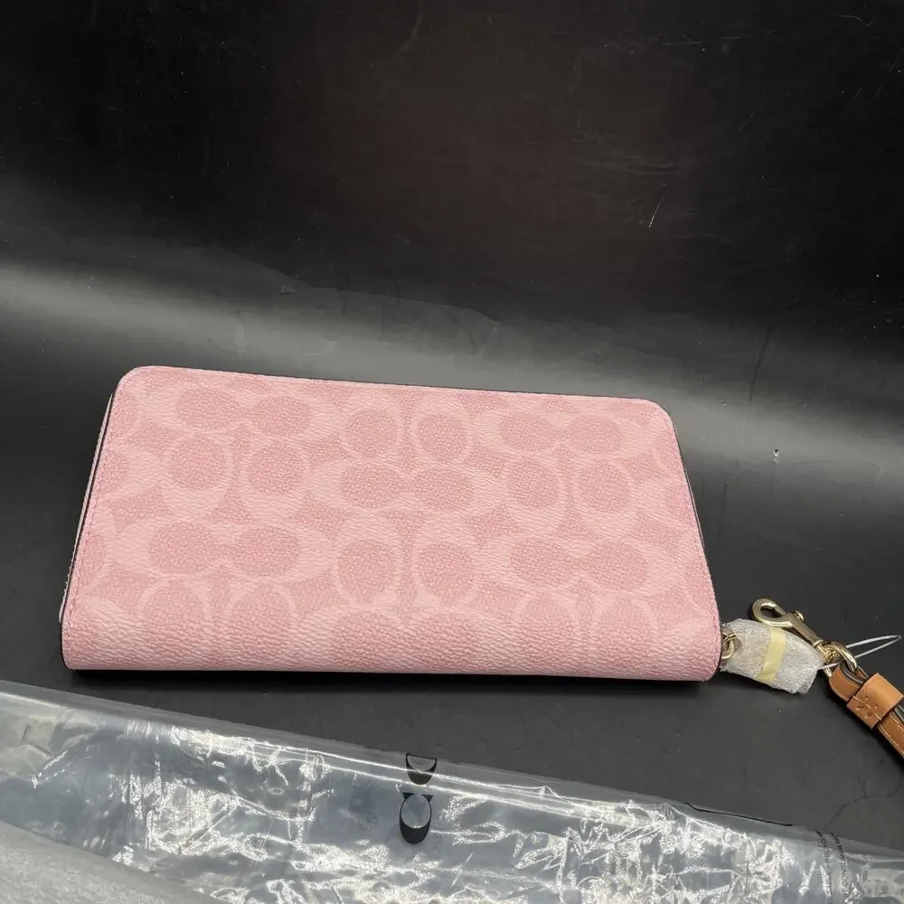 Coach CEC20 Long Zip Around Wallet Signature Coated Canvas Powder Pink Wristlet
